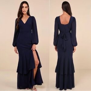 Lulus Tier Elegance Navy Long Sleeve Tiered Long Maxi Dress, Size XS, NWT‎